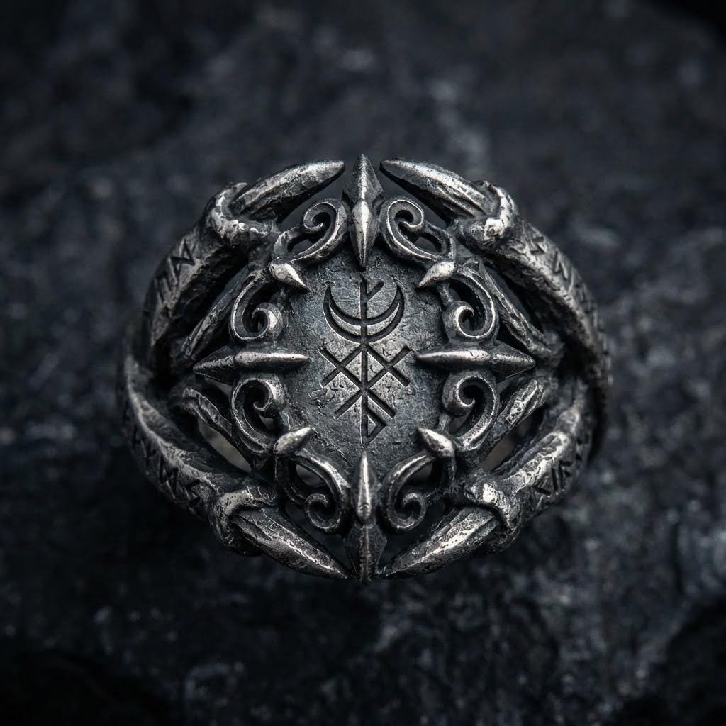 Viking Rune Ring - Viking Gothic Occult Bindrune Shield Intertwined Rune Band Ring, Silver Jewelry