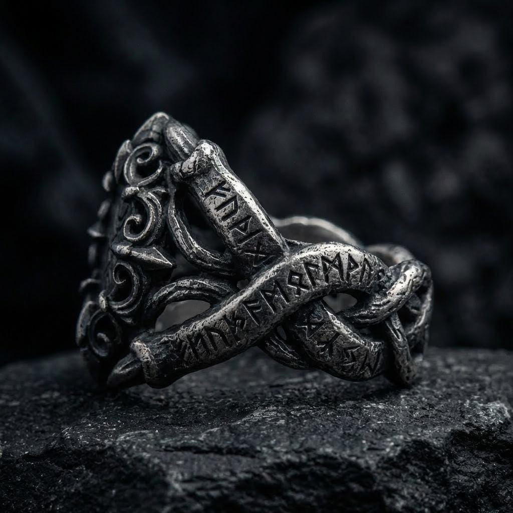 Viking Rune Ring - Viking Gothic Occult Bindrune Shield Intertwined Rune Band Ring, Silver Jewelry