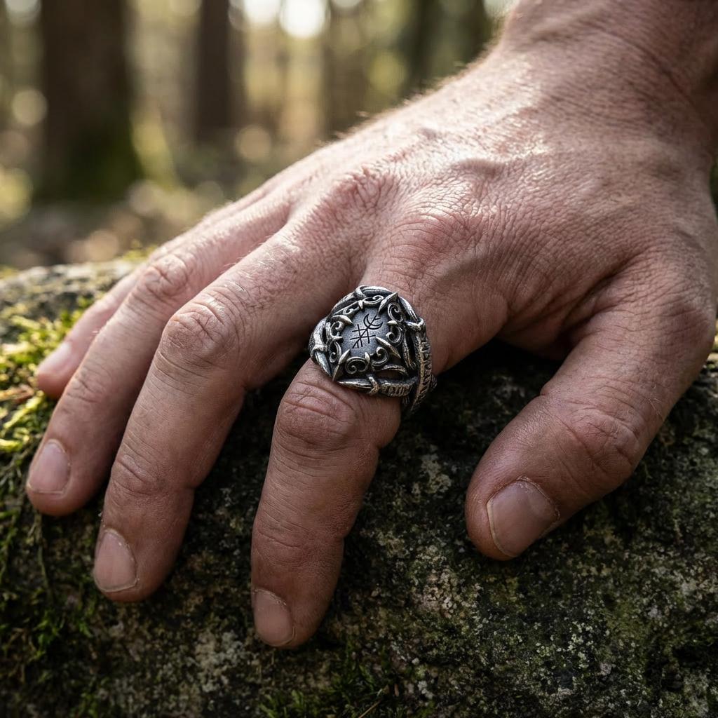 Viking Rune Ring - Viking Gothic Occult Bindrune Shield Intertwined Rune Band Ring, Silver Jewelry