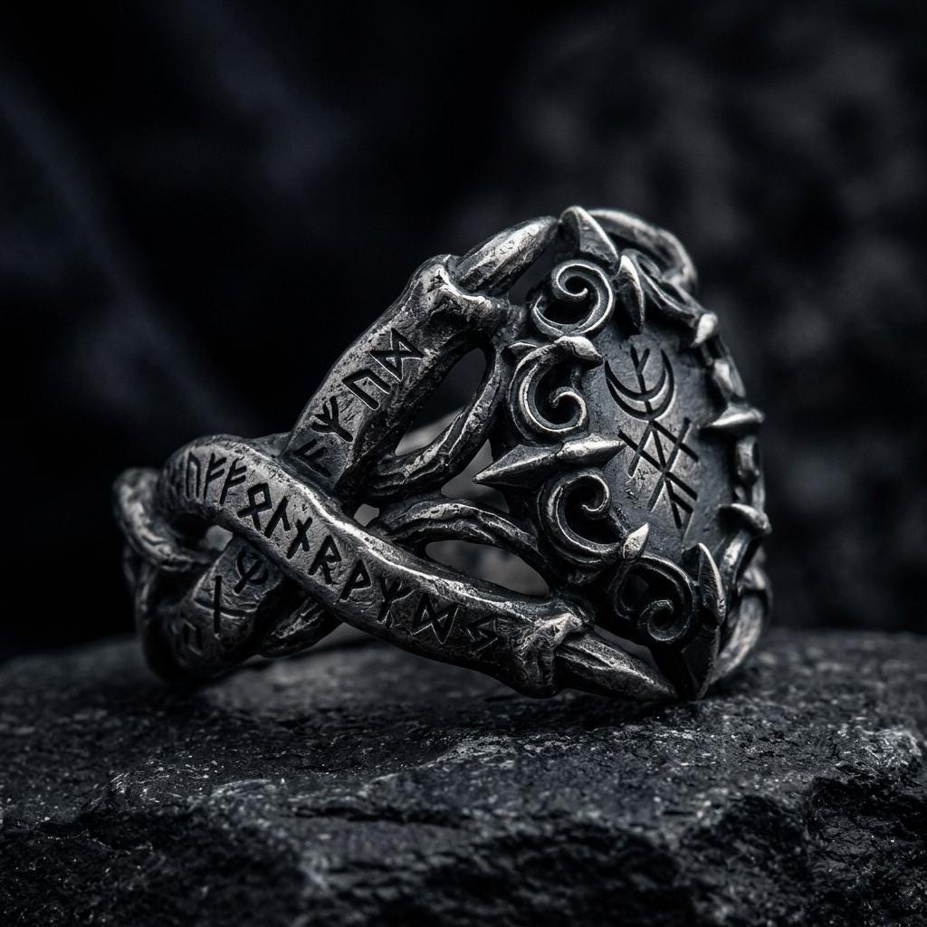 Viking Rune Ring - Viking Gothic Occult Bindrune Shield Intertwined Rune Band Ring, Silver Jewelry