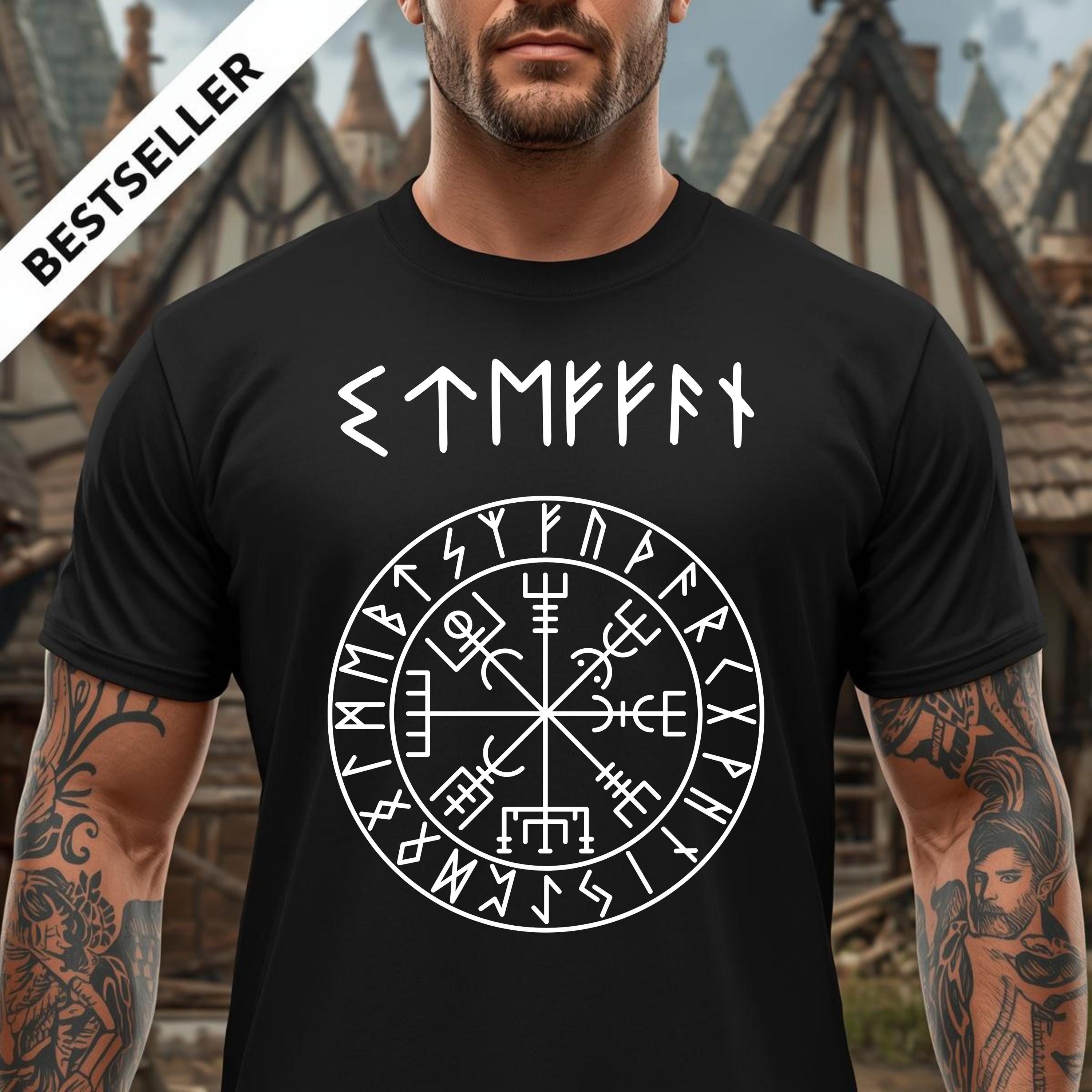 Viking Vegvisir Compass T-Shirt - NAME in RUNES + Vegvisir, REAL Futhark rune style up to 5xl