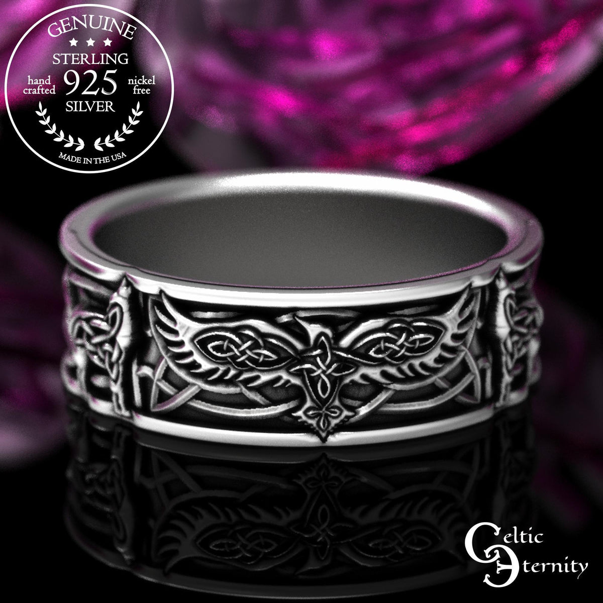 Viking Raven Ring - Raven Celtic Knot Ring, Viking Raven Band, Oxidized Silver Ring, Norse Celtic