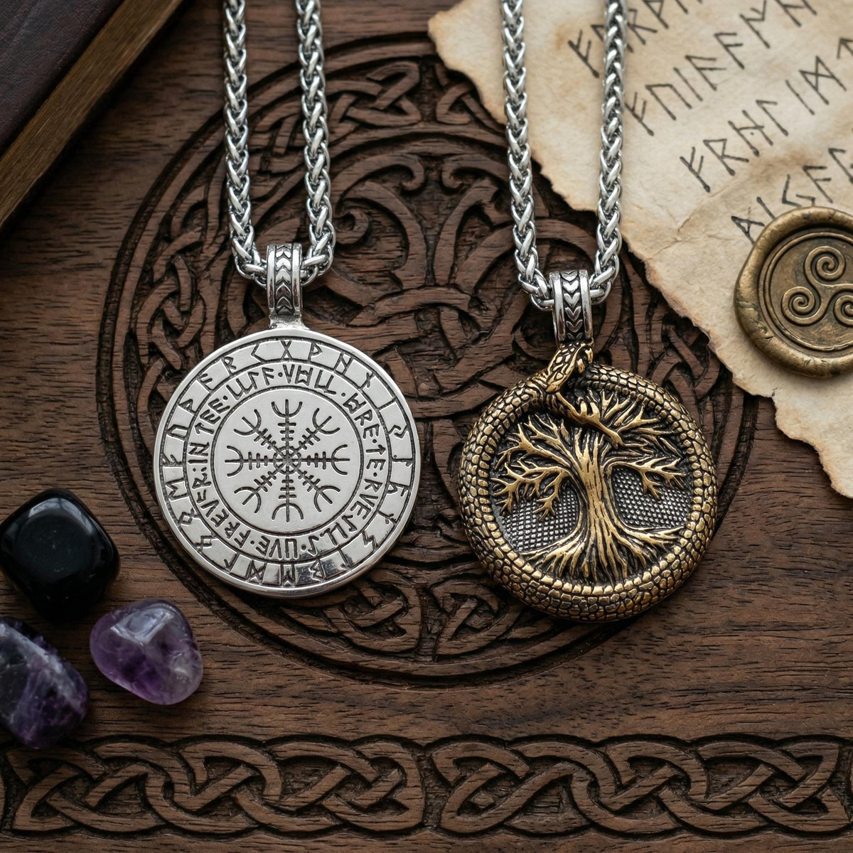 Viking Necklace - Norse Viking Helm of Awe, Tree of Life Ouroboros Pendant, Stainless Steel Talisman