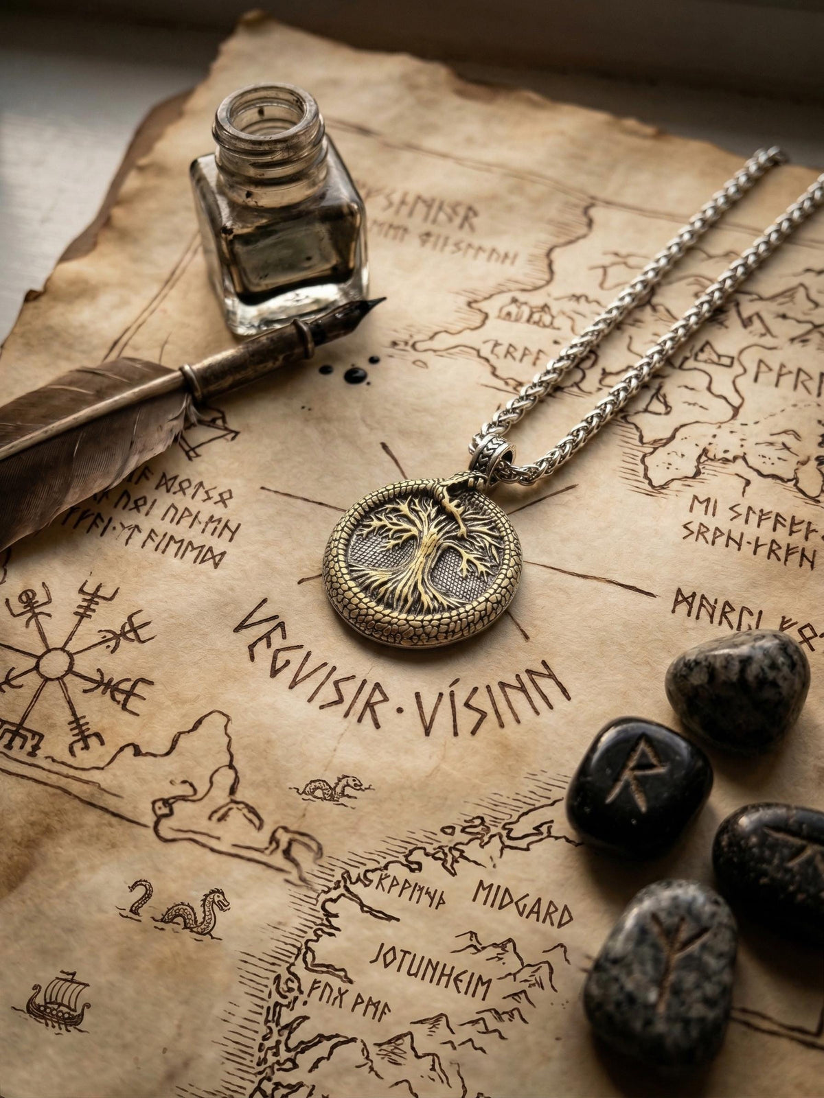 Viking Necklace - Norse Viking Helm of Awe, Tree of Life Ouroboros Pendant, Stainless Steel Talisman