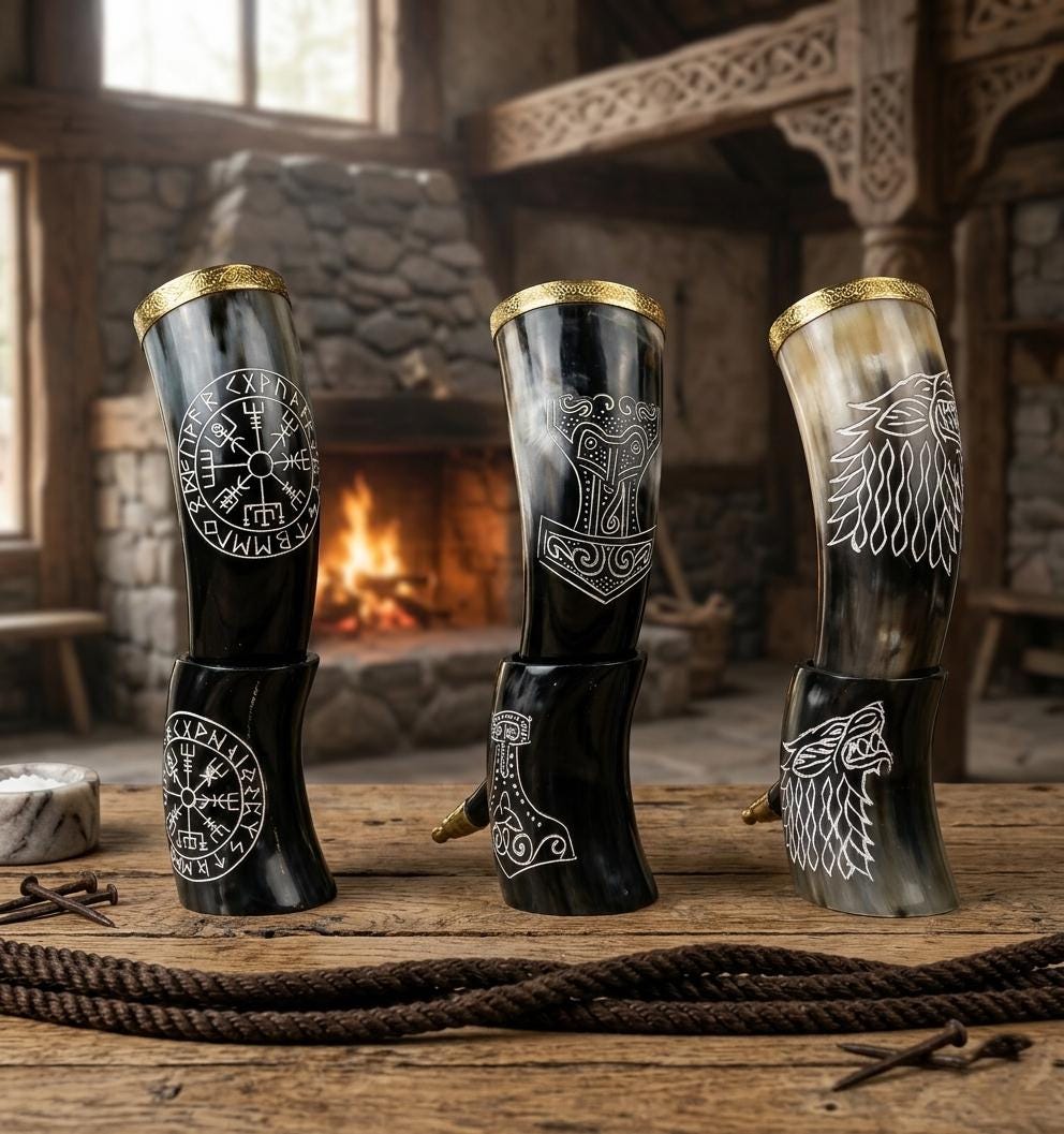 Viking Mug - Viking Drinking Horn Jormungandr Engraved, Handmade Bovine Horn Mug, Norse Mead Horn