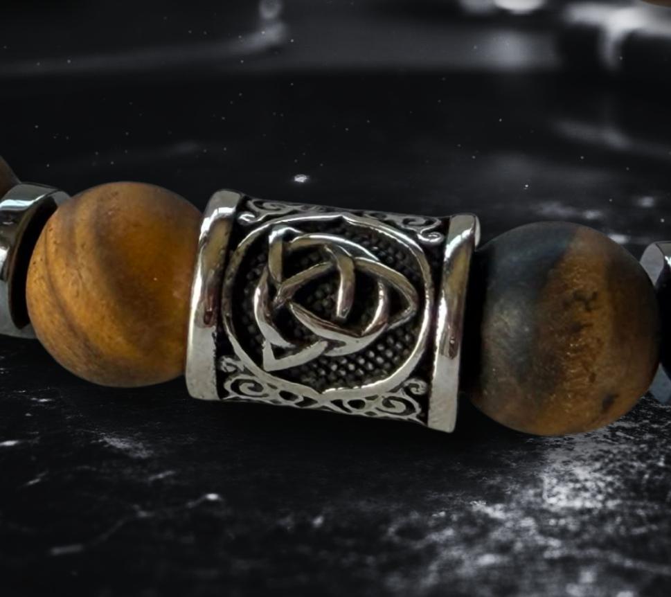Viking Bracelet - Men’s Matte Tiger Eye Beaded Stretch Bracelet, Celtic Trinity Knot Bracelet