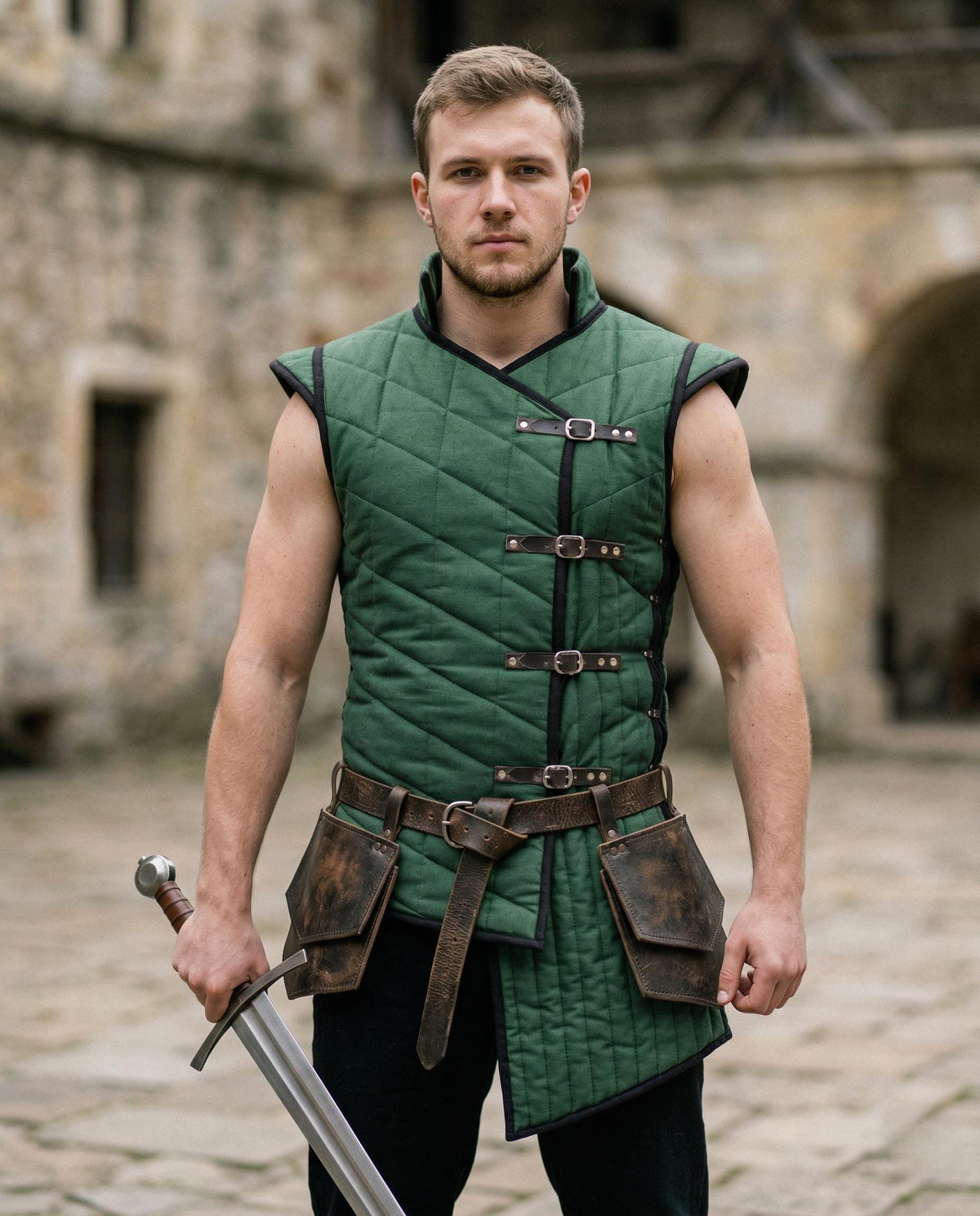 Viking T-Shirt - Green Viking tunic with leather details, Viking tunic for reenactment, LARP, and