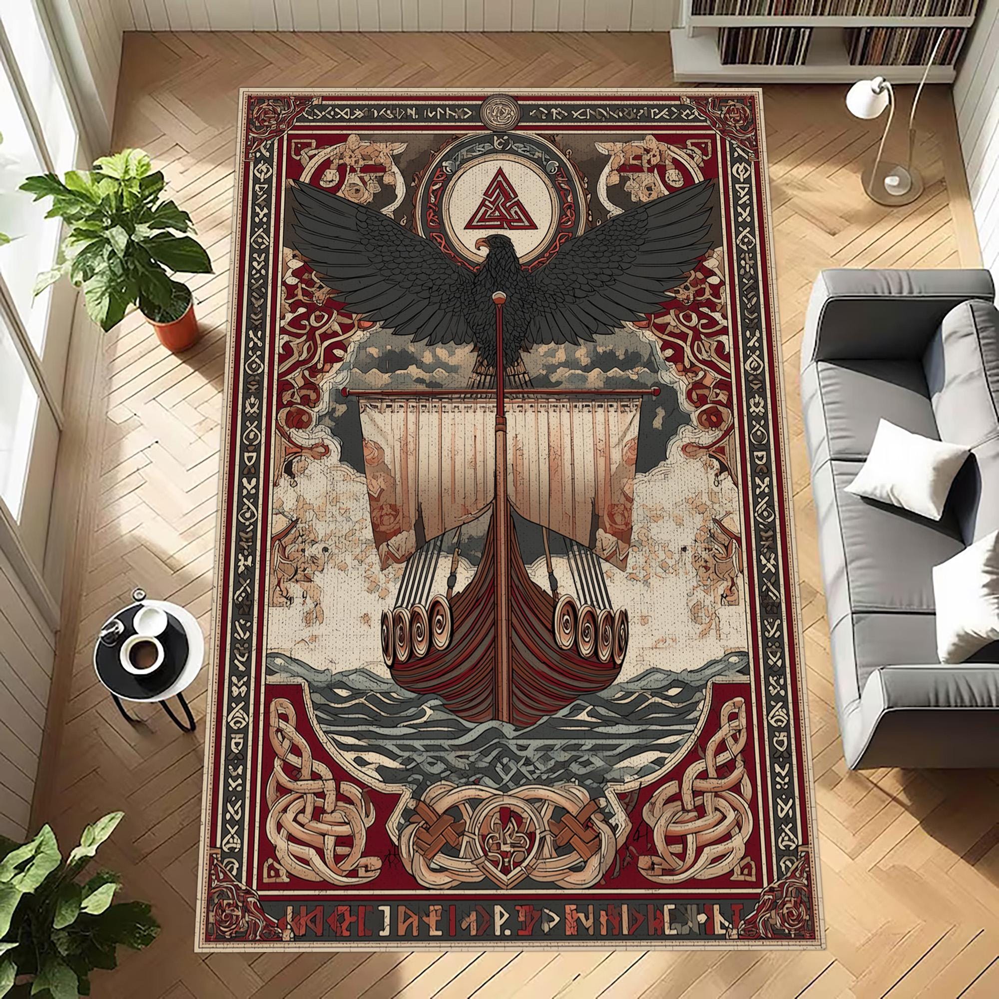 Viking Rune Rug - Norse Viking Rug: Red Black Longship Eagle Carpet, Nordic Rune Pattern, Mythology