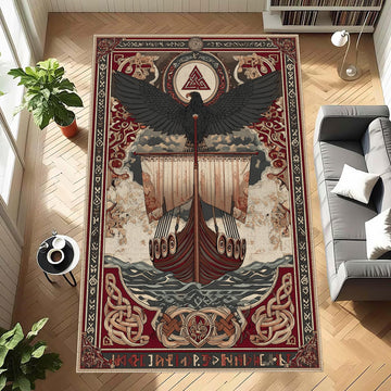 Viking Rune Rug - Norse Viking Rug: Red Black Longship Eagle Carpet, Nordic Rune Pattern, Mythology