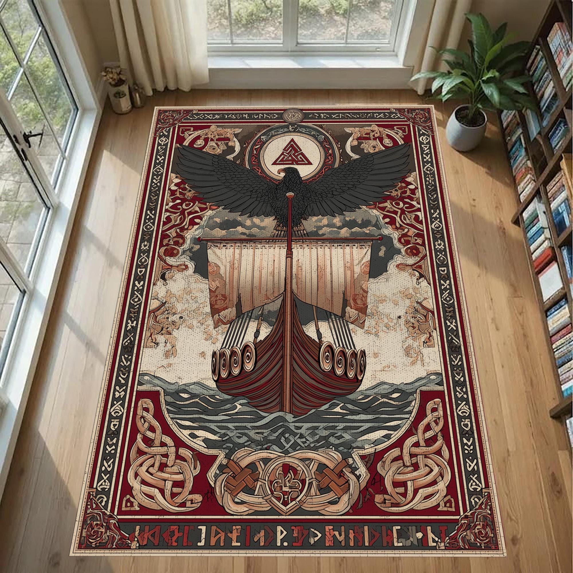 Viking Rune Rug - Norse Viking Rug: Red Black Longship Eagle Carpet, Nordic Rune Pattern, Mythology