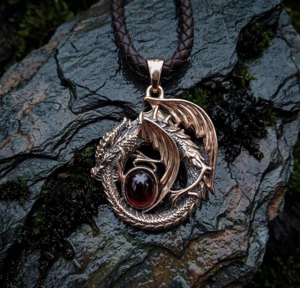 Viking Necklace - Braided Leather Dragon Necklace – Viking Necklace with Silver Dragon End Caps