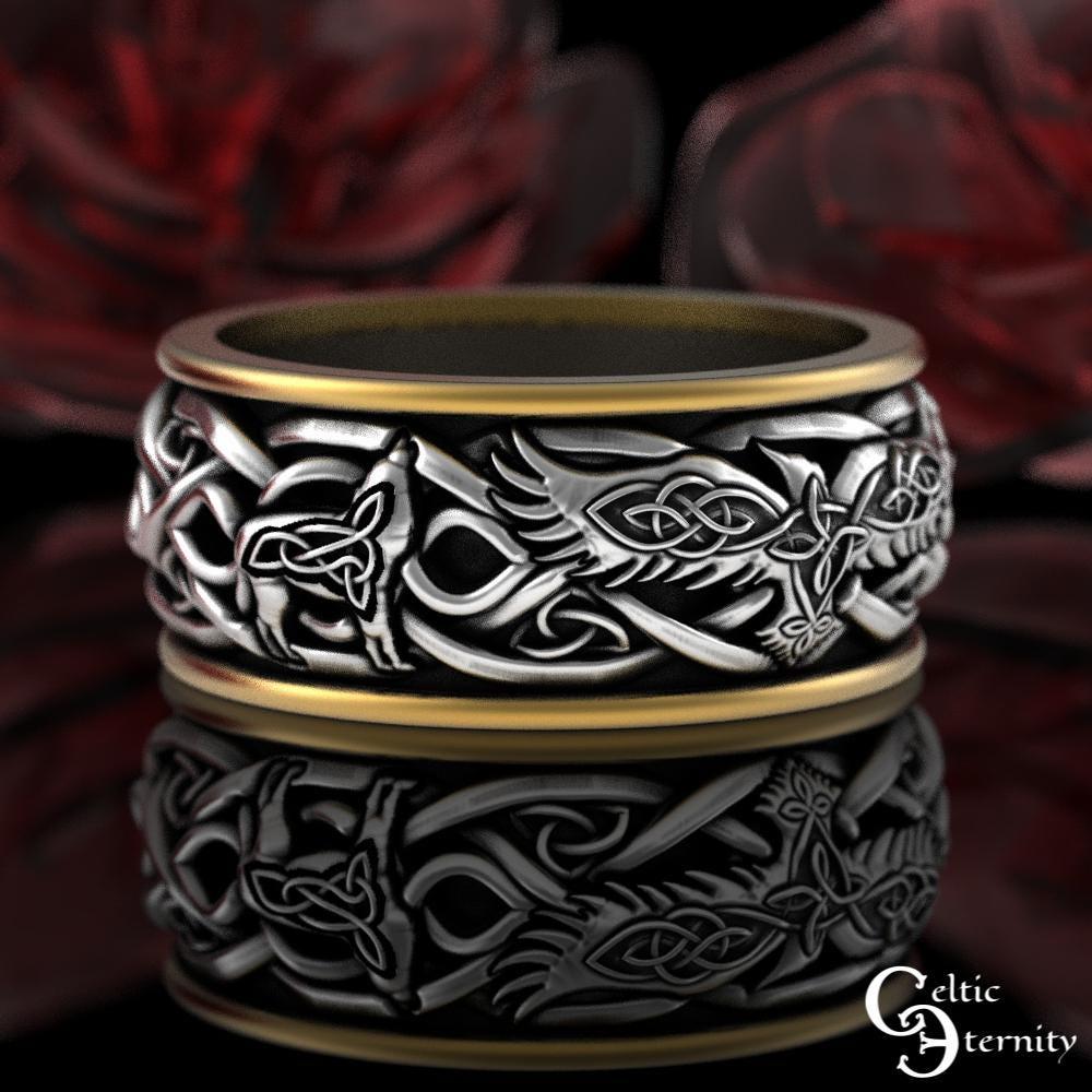 Viking Raven Ring - Raven Celtic Knot Ring, Viking Raven Band, Oxidized Silver Ring, Norse Celtic