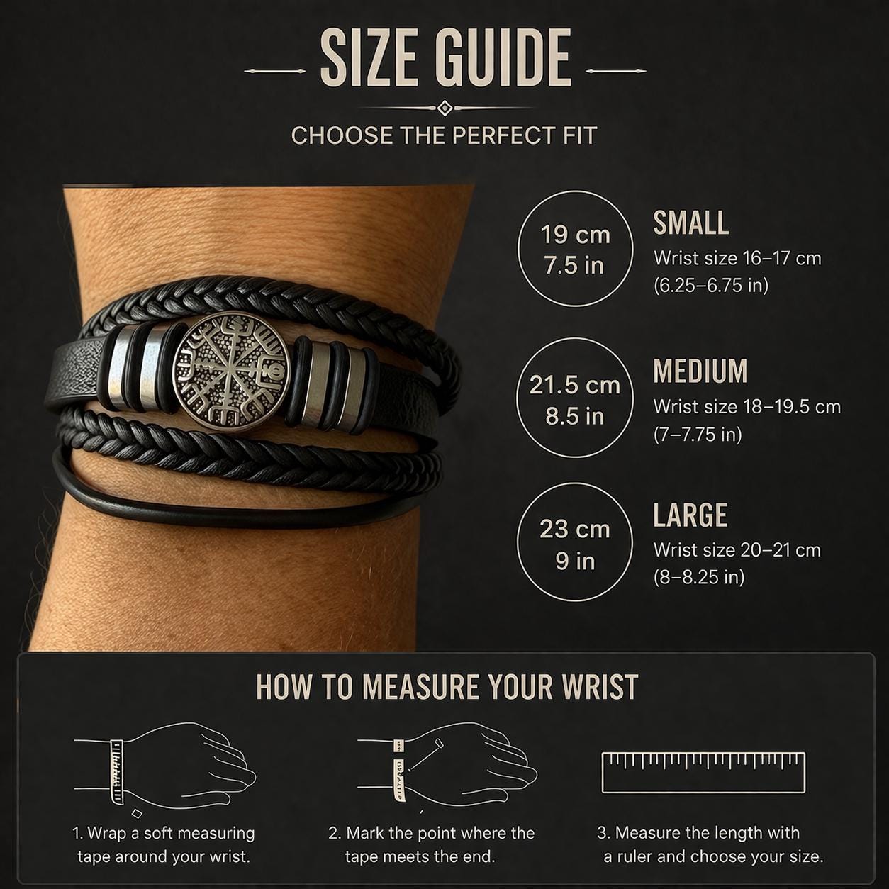 Viking Bracelet - Men’s Leather Bracelet, Viking Compass, Gift for Him