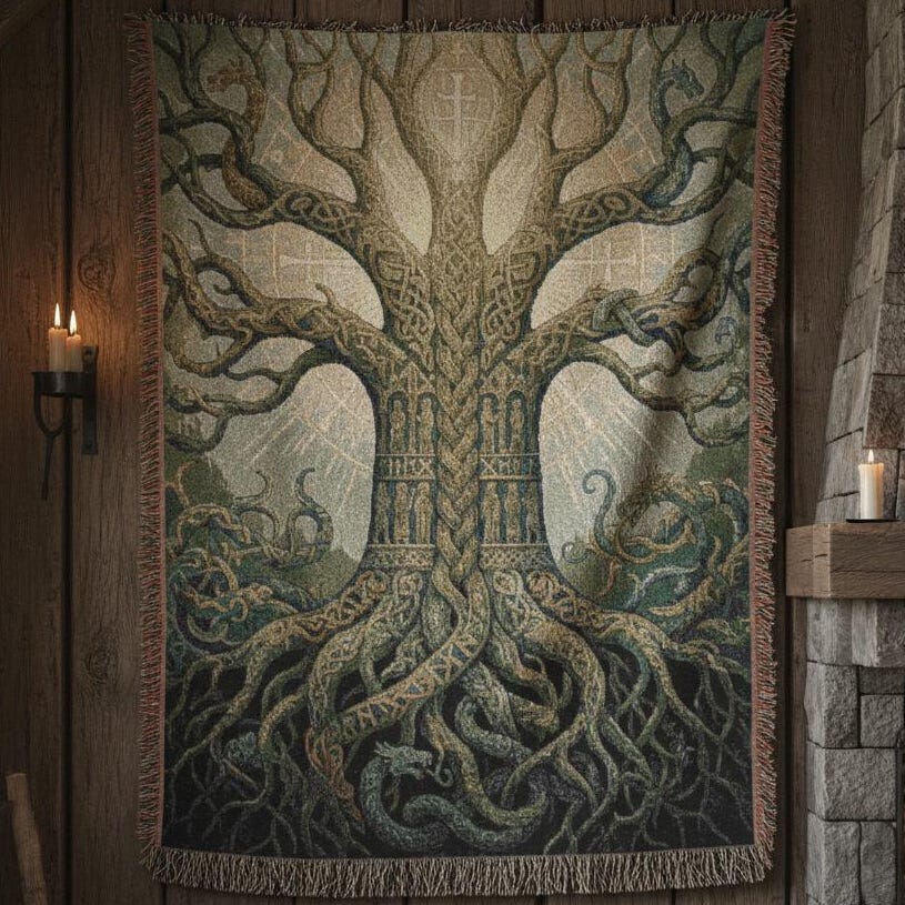 Viking Wolf Blanket - Norse Tree of Life Woven Blanket, Yggdrasil Raven and Wolf Tapestry Throw
