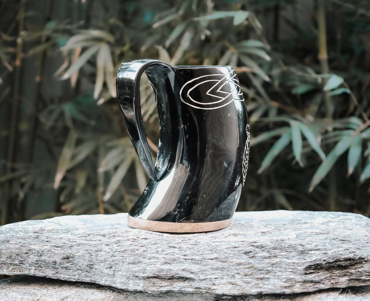 Viking Vegvisir Compass Mug - Viking Serpent Vegvisir Horn Mug – Handcrafted Buffalo Horn 500ml –
