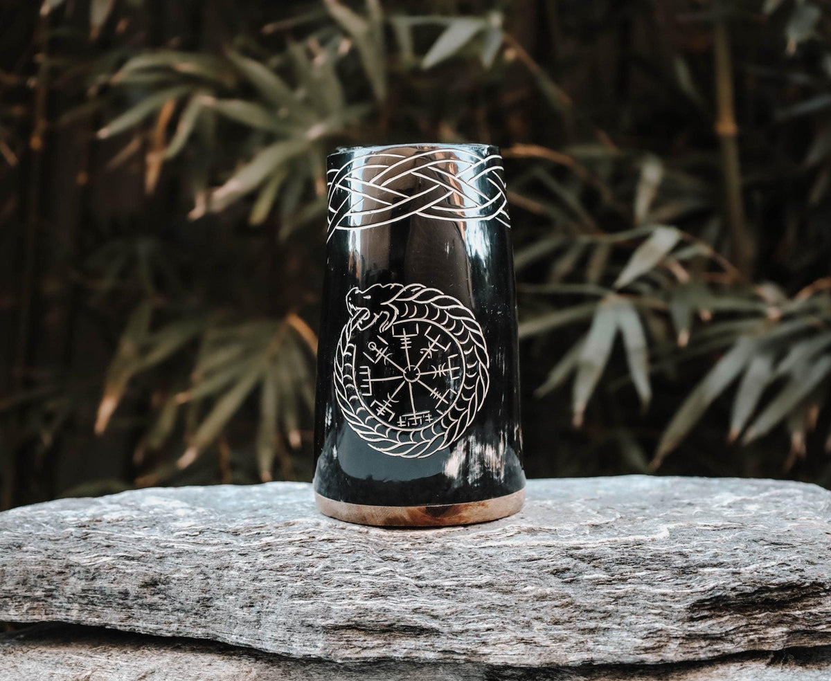 Viking Vegvisir Compass Mug - Viking Serpent Vegvisir Horn Mug – Handcrafted Buffalo Horn 500ml –