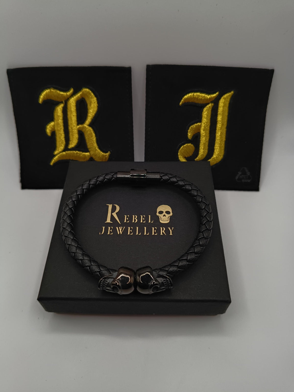 Viking Bracelet - Mens Nordic viking rhune mens leather bracelet gold and black braided. Stainless
