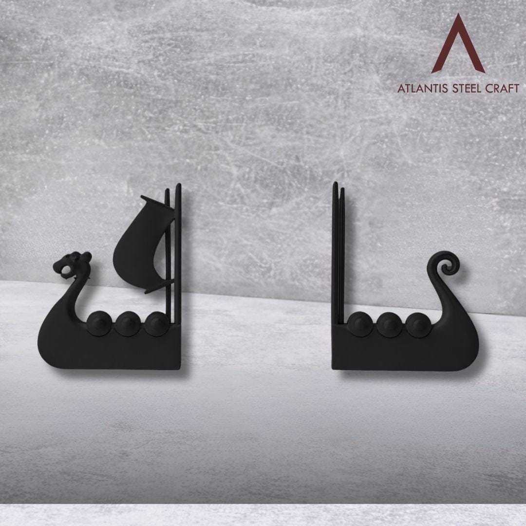 Viking Longship Home Decor - Viking Ship Bookends Set of 2, Norse Dragon Book Ends, Viking Longship