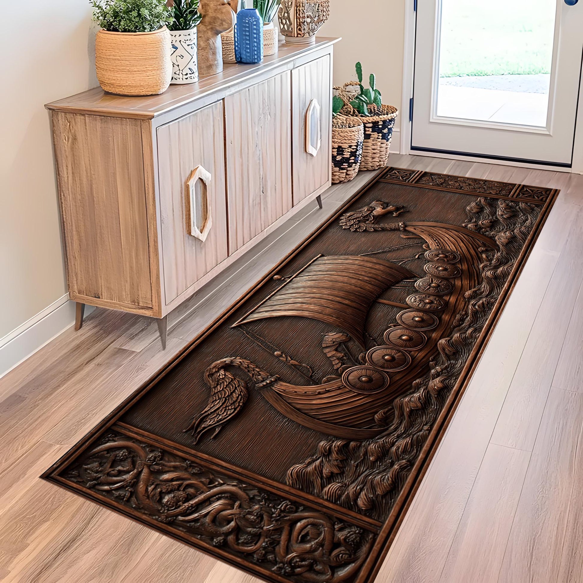Viking Longship Rug - Viking Longship Runner Rug: Norse Dragon Boat Design, Ancient Warrior Symbol