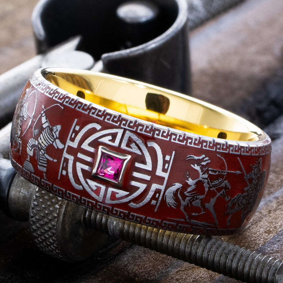 Viking Ring - 14k gold dwarven ring, brutalist signet ruby gemstone ring, fantasy viking nordic