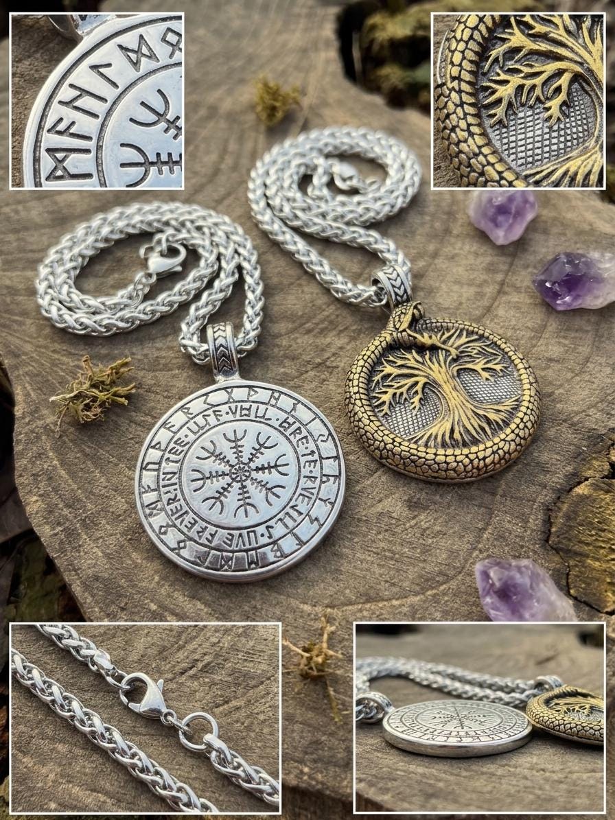 Viking Necklace - Norse Viking Helm of Awe, Tree of Life Ouroboros Pendant, Stainless Steel Talisman