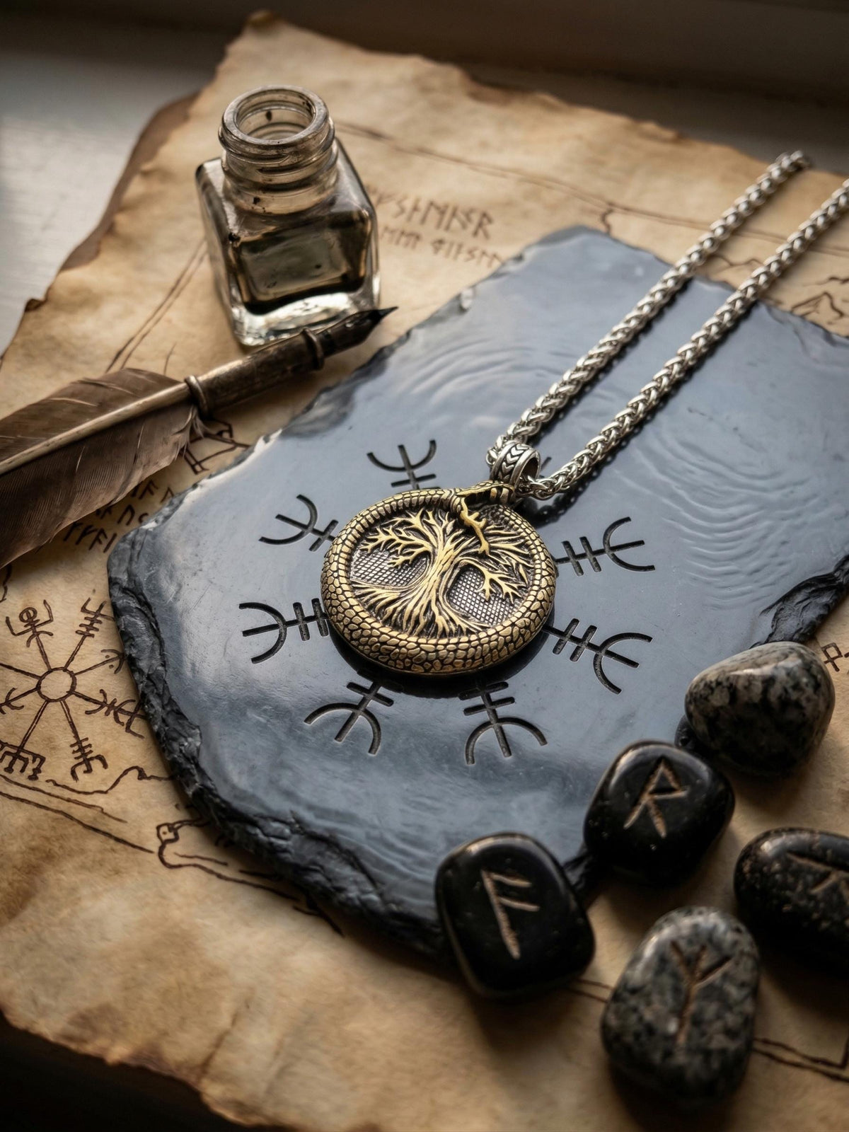 Viking Necklace - Norse Viking Helm of Awe, Tree of Life Ouroboros Pendant, Stainless Steel Talisman