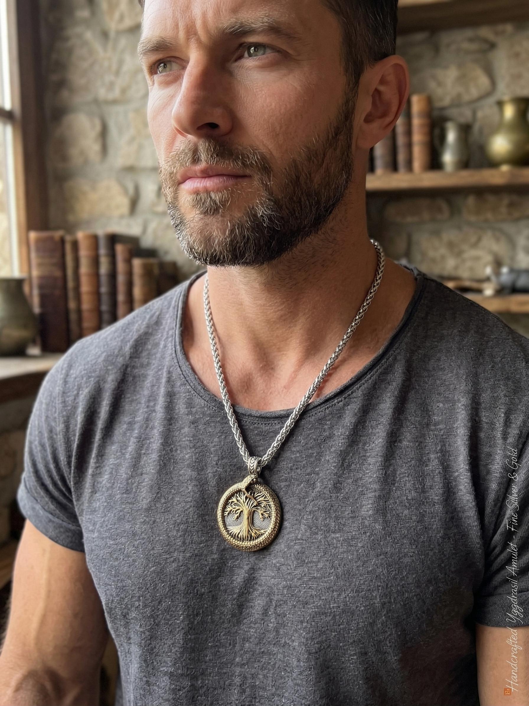 Viking Necklace - Norse Viking Helm of Awe, Tree of Life Ouroboros Pendant, Stainless Steel Talisman