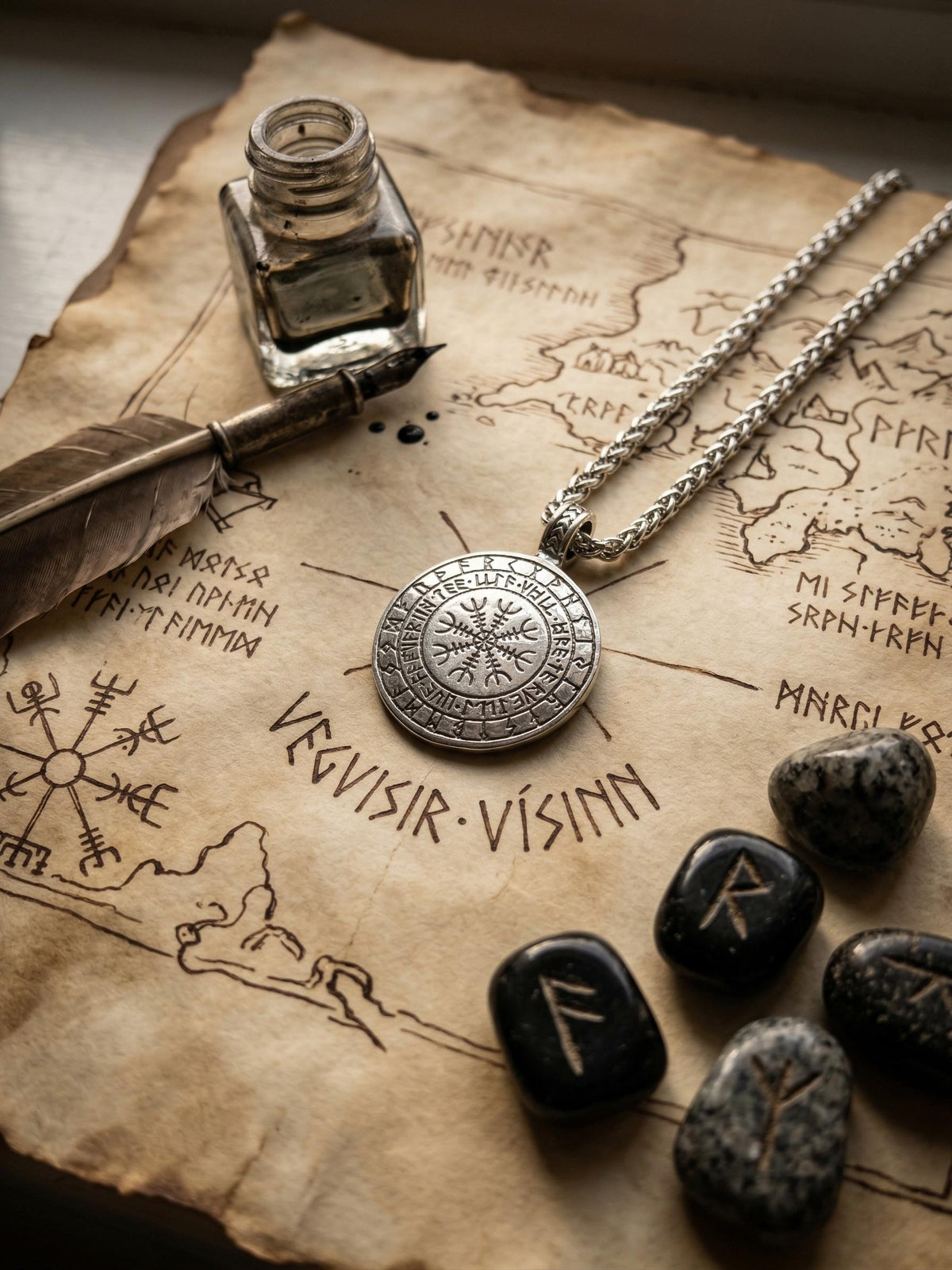 Viking Necklace - Norse Viking Helm of Awe, Tree of Life Ouroboros Pendant, Stainless Steel Talisman
