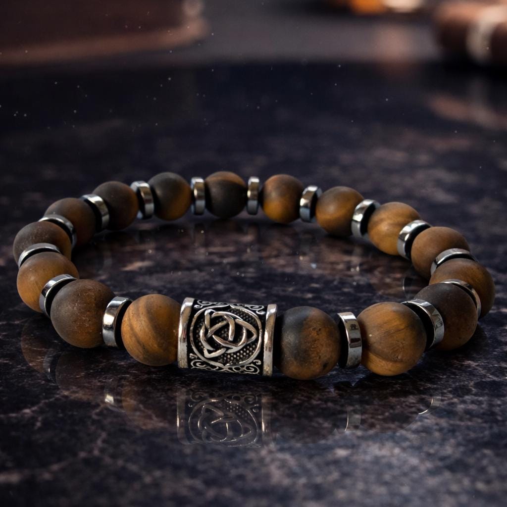 Viking Bracelet - Men’s Matte Tiger Eye Beaded Stretch Bracelet, Celtic Trinity Knot Bracelet