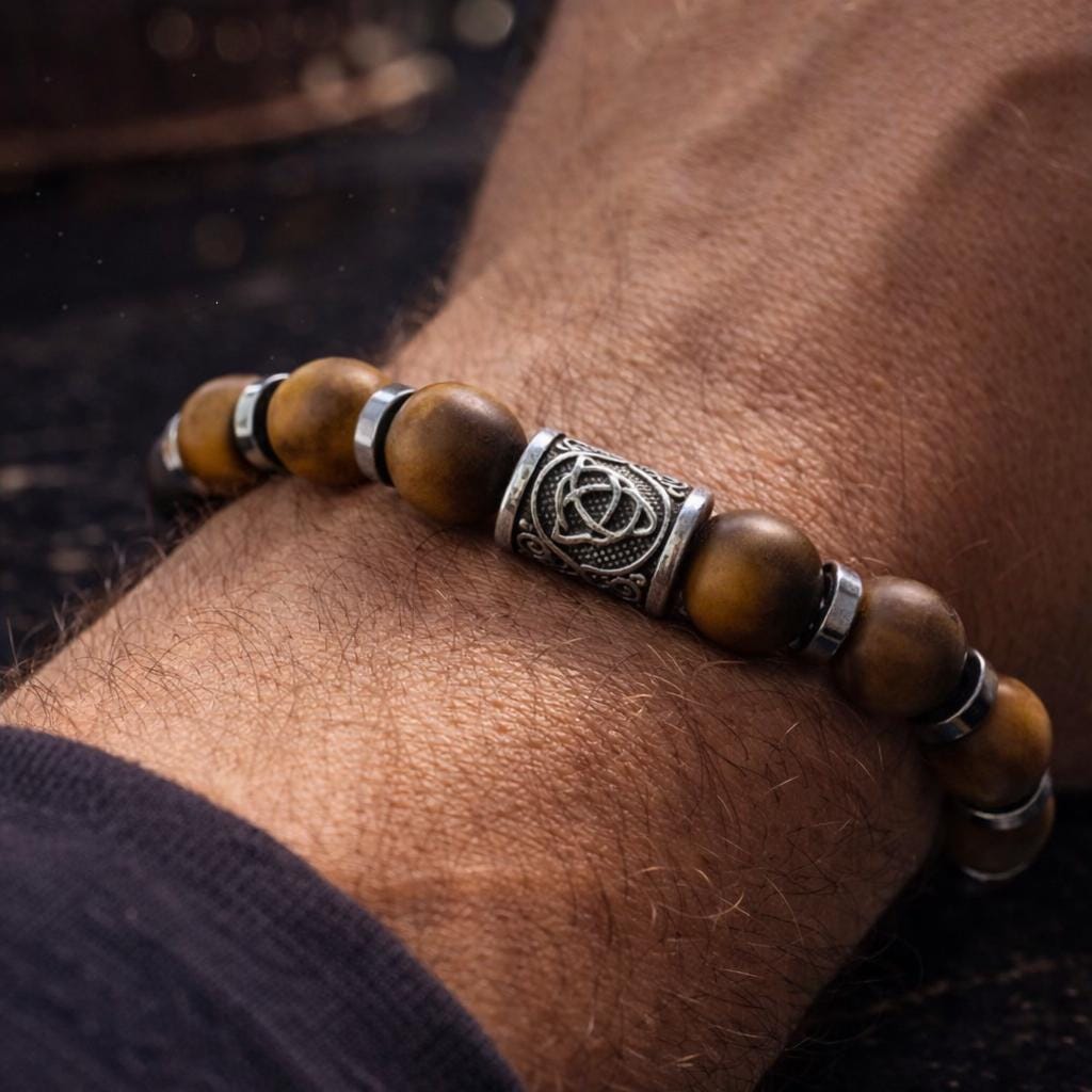 Viking Bracelet - Men’s Matte Tiger Eye Beaded Stretch Bracelet, Celtic Trinity Knot Bracelet