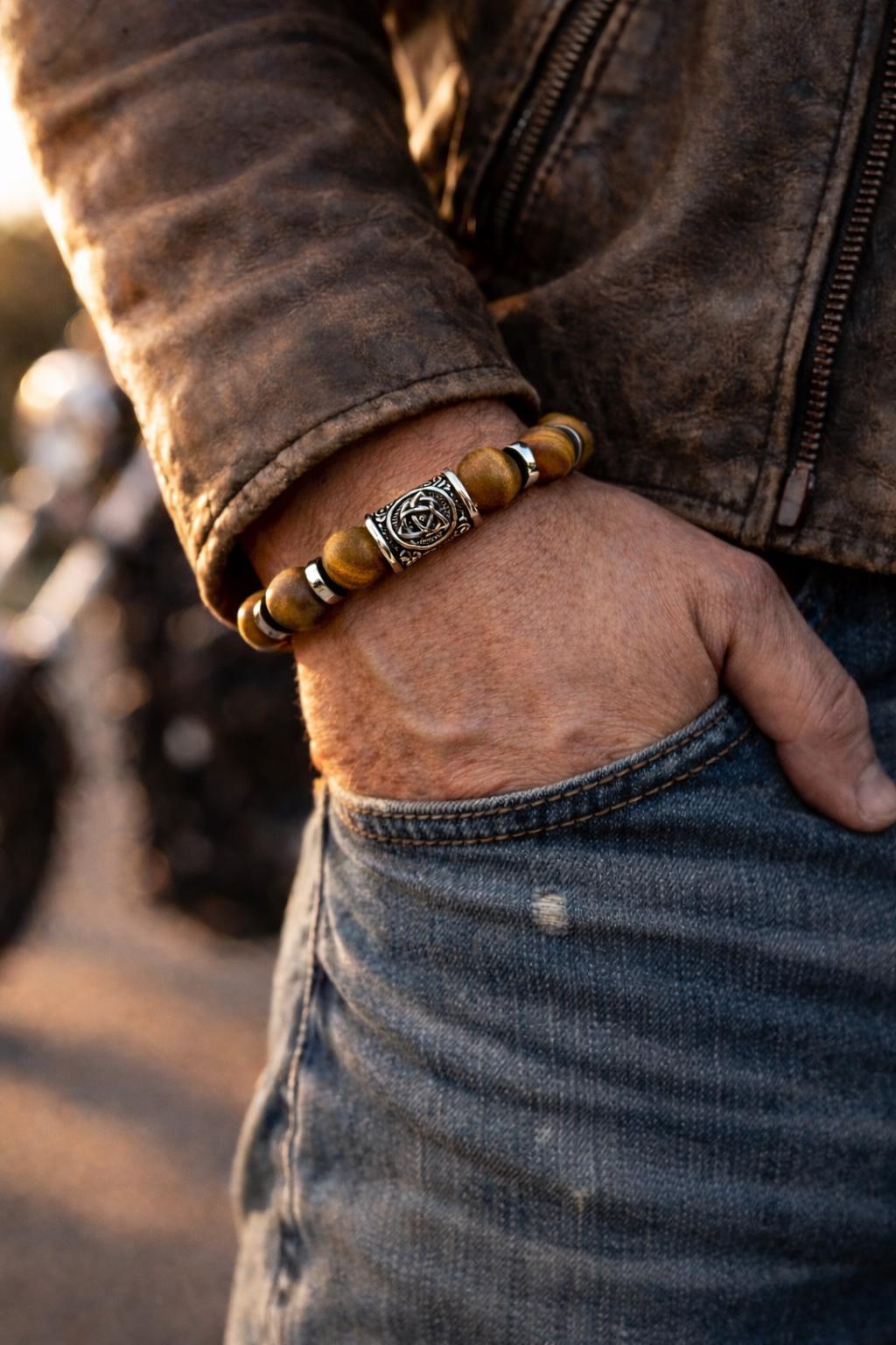 Viking Bracelet - Men’s Matte Tiger Eye Beaded Stretch Bracelet, Celtic Trinity Knot Bracelet