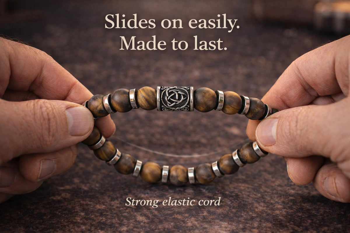 Viking Bracelet - Men’s Matte Tiger Eye Beaded Stretch Bracelet, Celtic Trinity Knot Bracelet