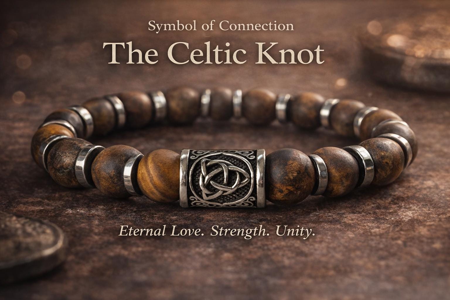 Viking Bracelet - Men’s Matte Tiger Eye Beaded Stretch Bracelet, Celtic Trinity Knot Bracelet