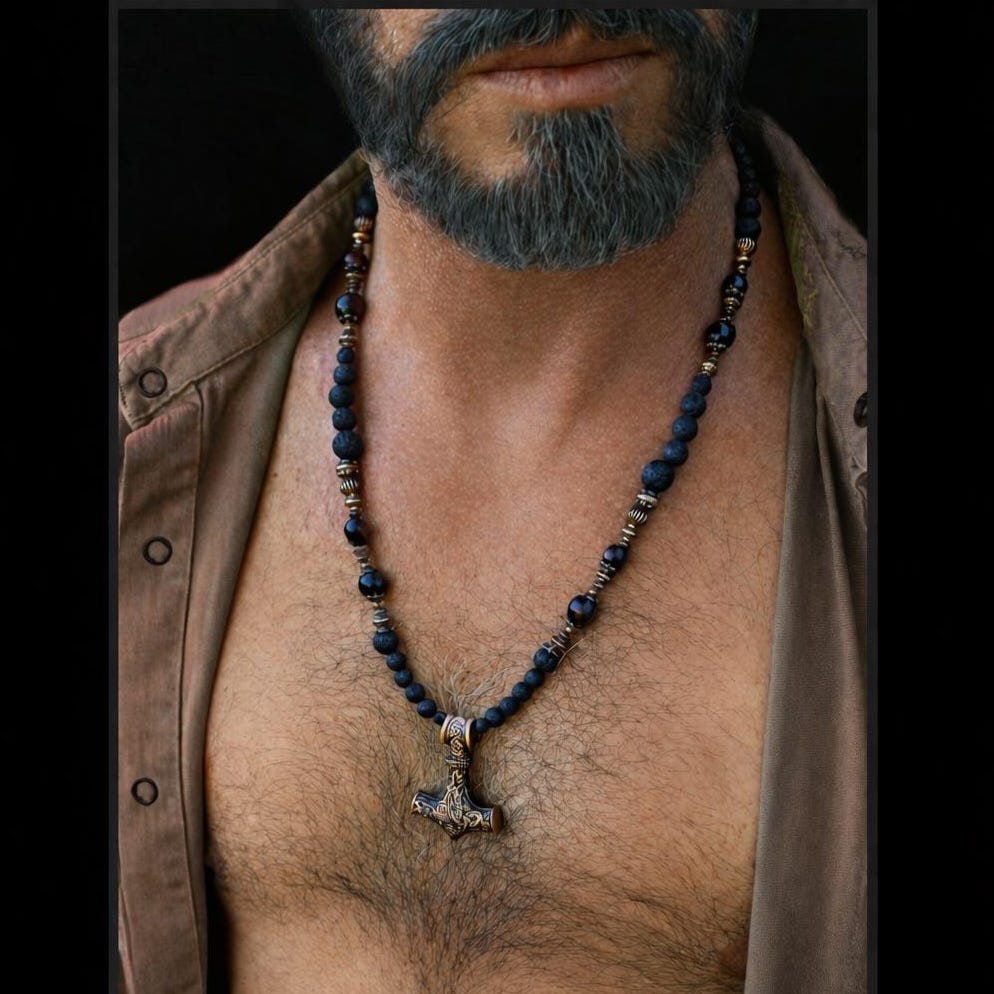 Viking Thor's Hammer Necklace - Thor Hammer bronze Pendant Necklace / Lava & Onyx gems beads /