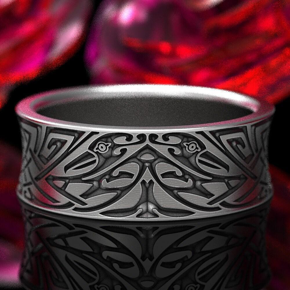 Viking Raven Ring - Silver Raven Celtic Knot Ring, Oxidized Viking Band, Norse Gothic Jewelry