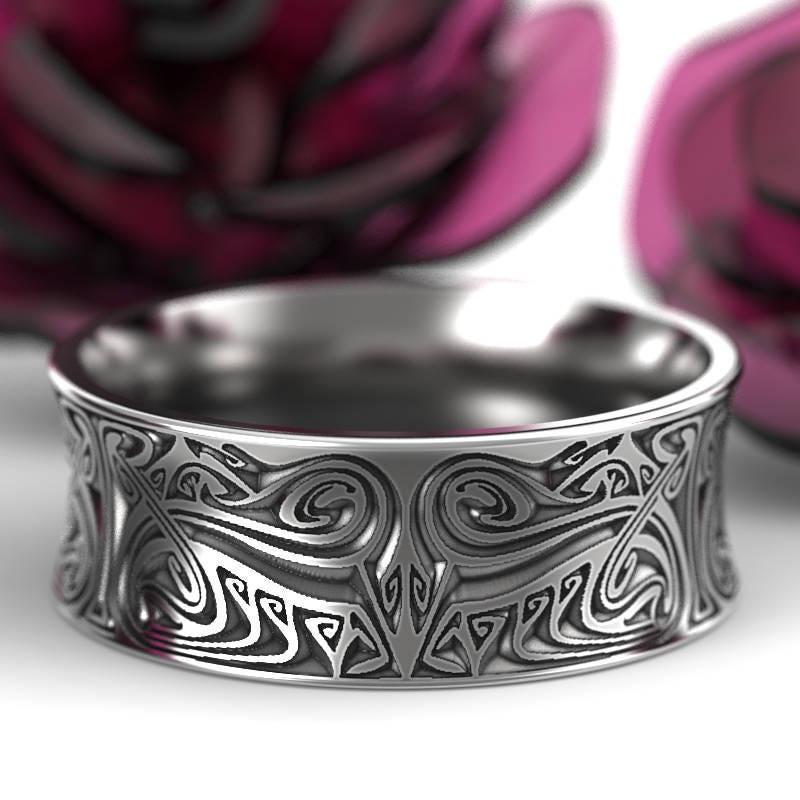 Viking Odin Ring - Sterling Viking Wolf with Runes Ring, Mens Wide Norse Wedding Ring, Braided Odin
