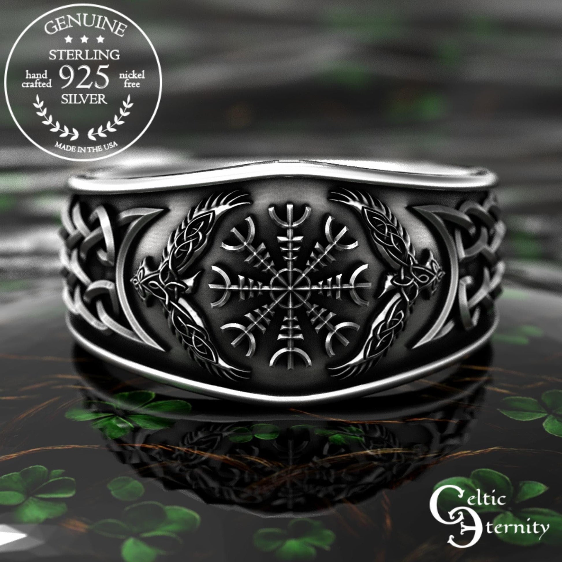 Viking Raven Ring - Silver Raven Celtic Knot Ring, Oxidized Viking Band, Norse Gothic Jewelry