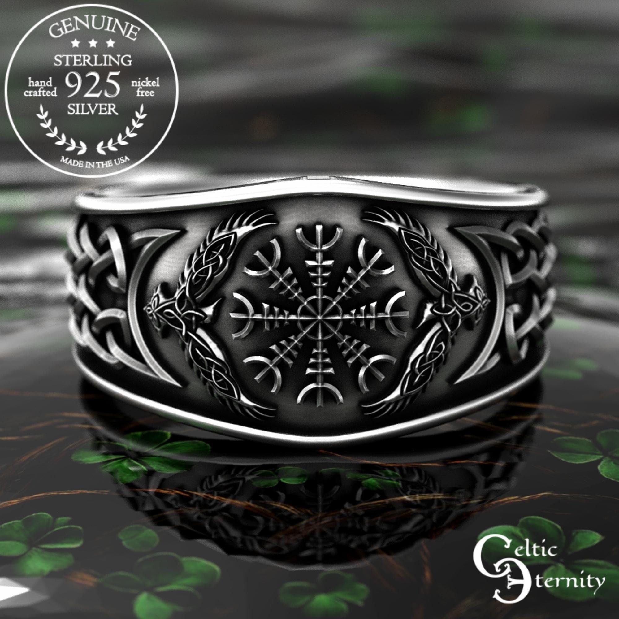 Viking Raven Ring - Silver Raven Celtic Knot Ring, Oxidized Viking Band, Norse Gothic Jewelry