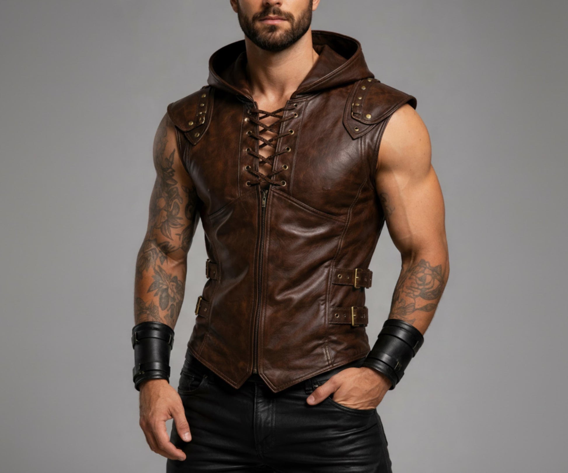 Viking Jacket - Viking Leather Vest Fur Collar Armor Medieval Norse Warrior Costume LARP Leather