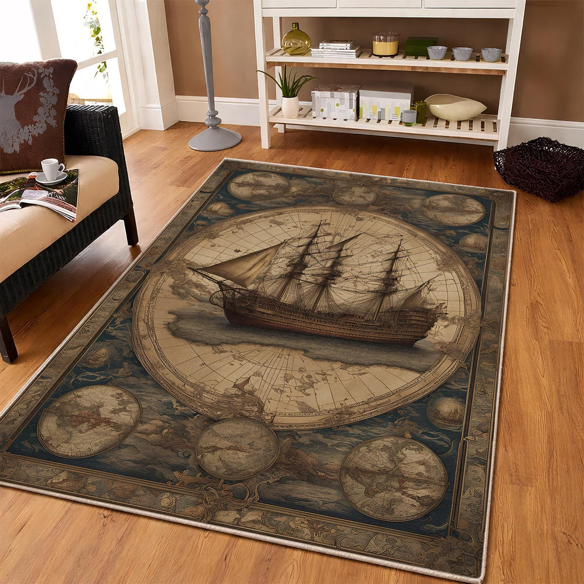 Viking Raven Rug - Viking Ship Rug: Norse Longship Carpet, Blue Ocean Waves, Celtic Raven Dragon