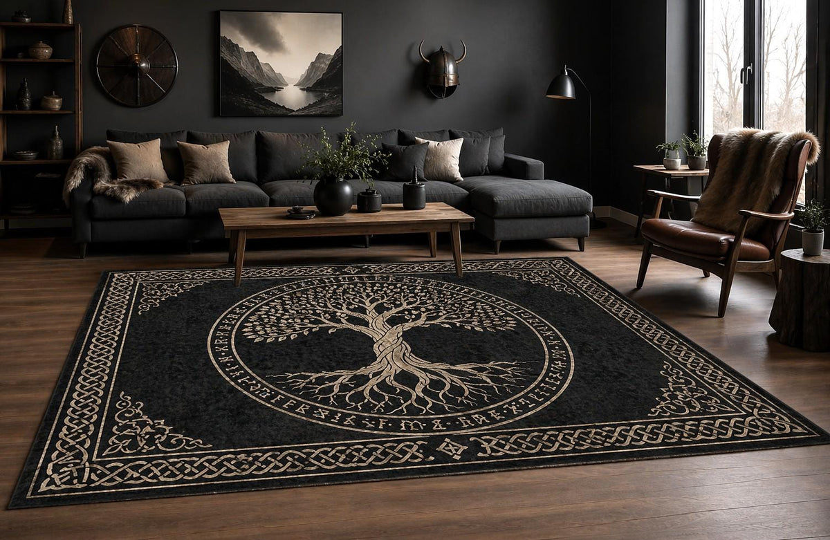 Viking Wolf Rug - Viking Wolf Head Rug, Norse Celtic Knot Mythology Art, Bronze Carved Nordic Decor