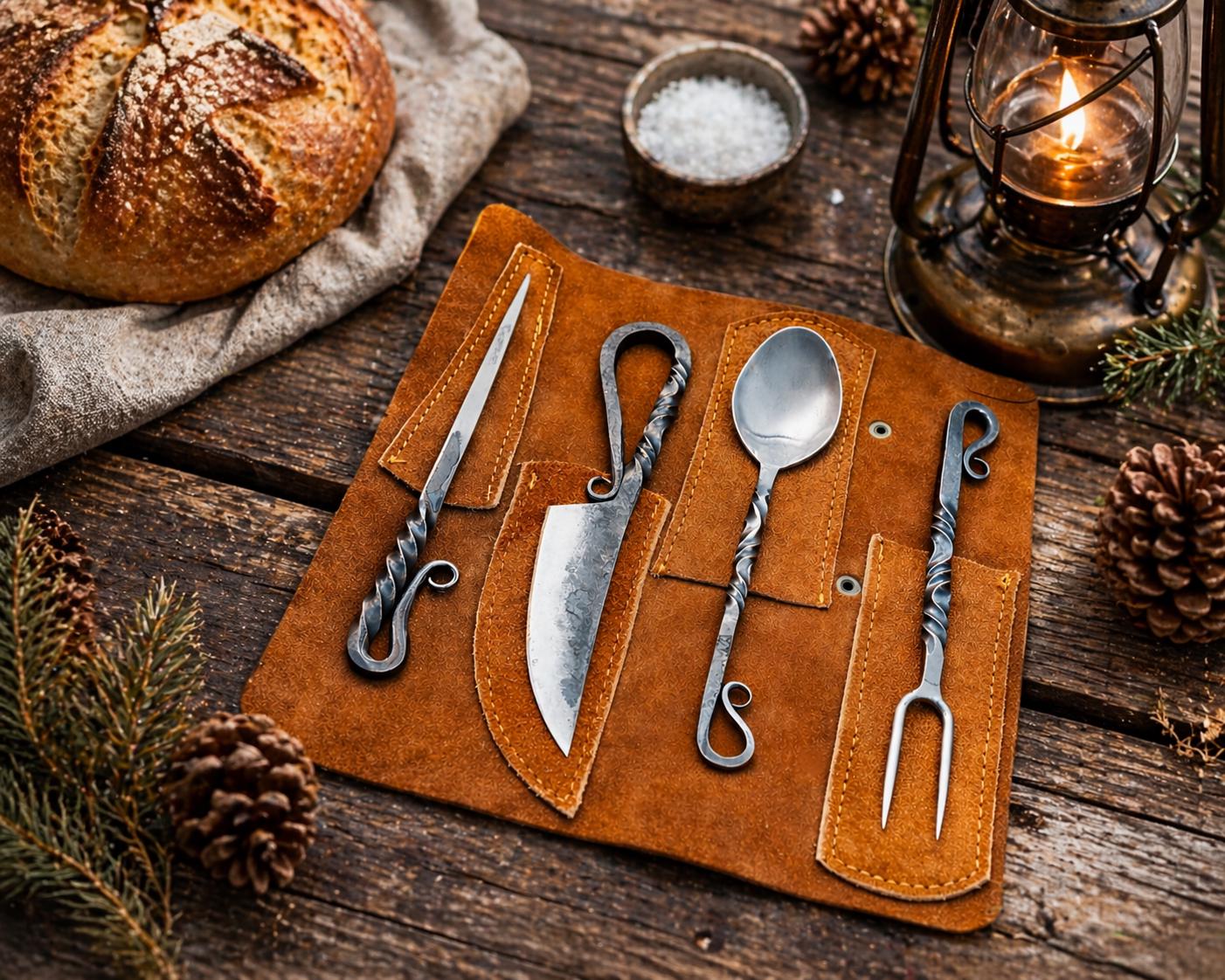 Viking Leather Accessory - Hand Forged Viking Cutlery Set – High Carbon Steel Medieval Utensils Set