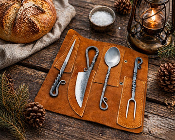 Viking Leather Accessory - Hand Forged Viking Cutlery Set – High Carbon Steel Medieval Utensils Set