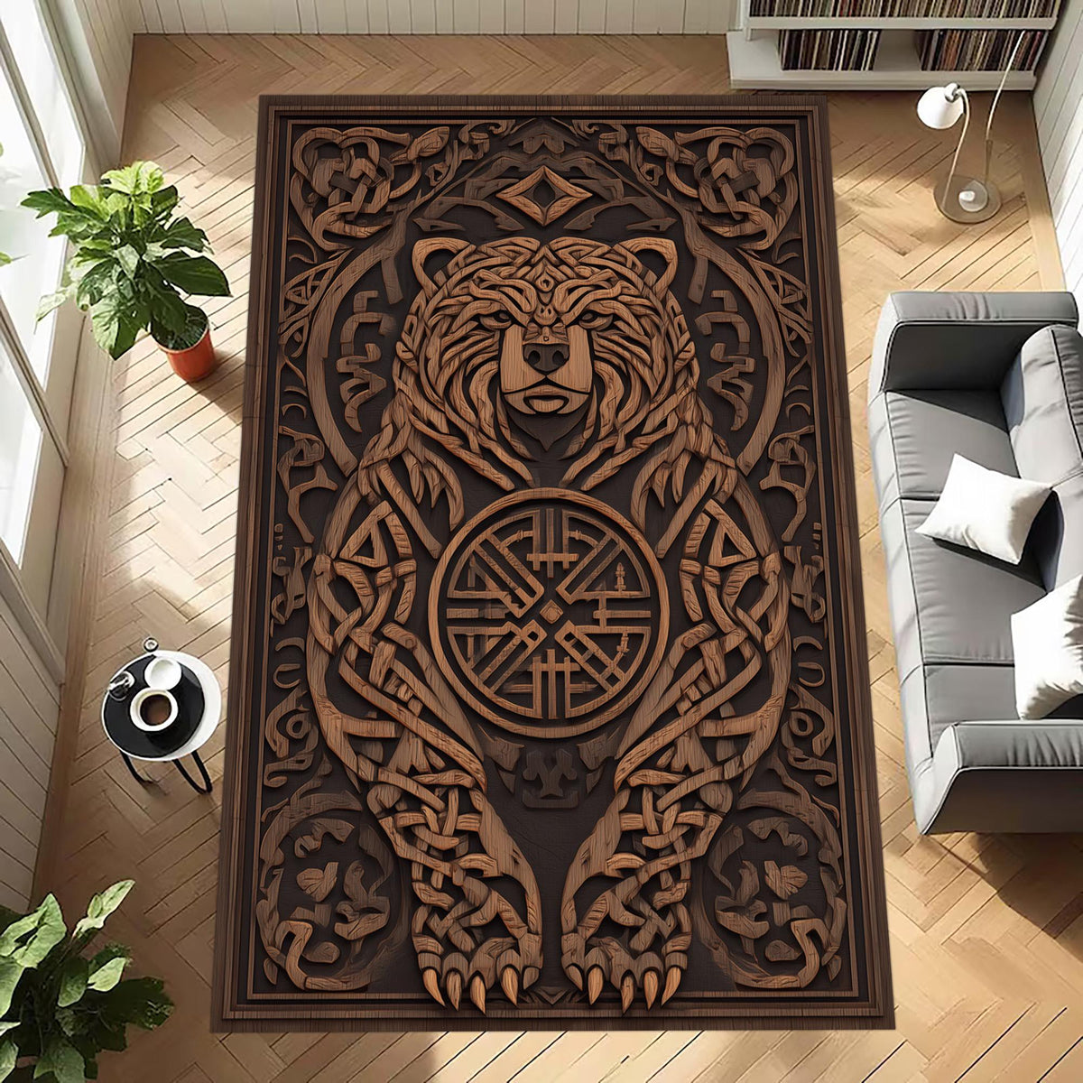 Viking Rune Rug - Norse Viking Rug: Red Black Longship Eagle Carpet, Nordic Rune Pattern, Mythology