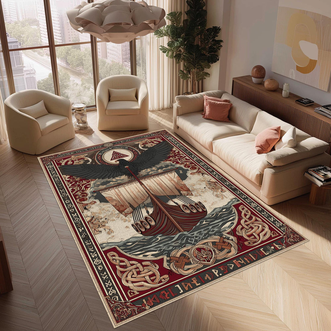 Viking Rune Rug - Norse Viking Rug: Red Black Longship Eagle Carpet, Nordic Rune Pattern, Mythology