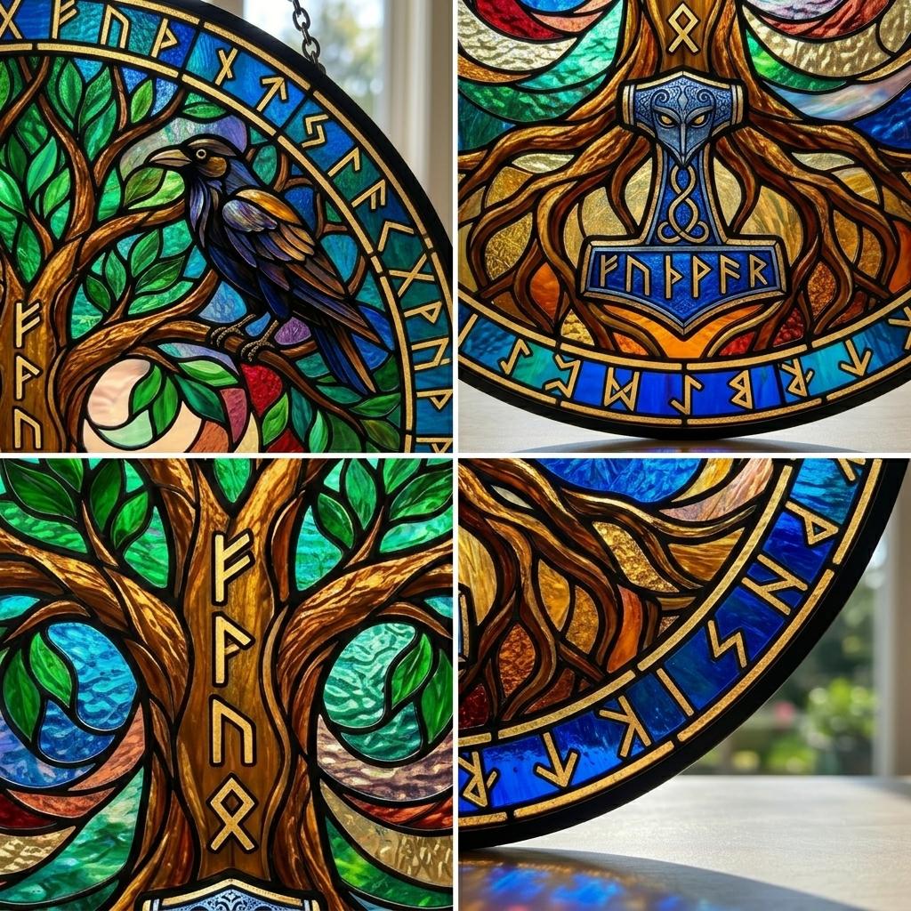 Viking Yggdrasil Tree of Life Home Decor - Yggdrasil Tree of Life Stained Glass Suncatcher, Viking