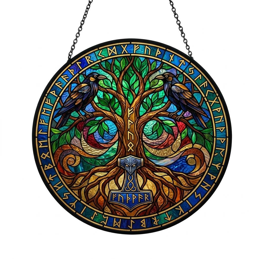 Viking Yggdrasil Tree of Life Home Decor - Yggdrasil Tree of Life Stained Glass Suncatcher, Viking