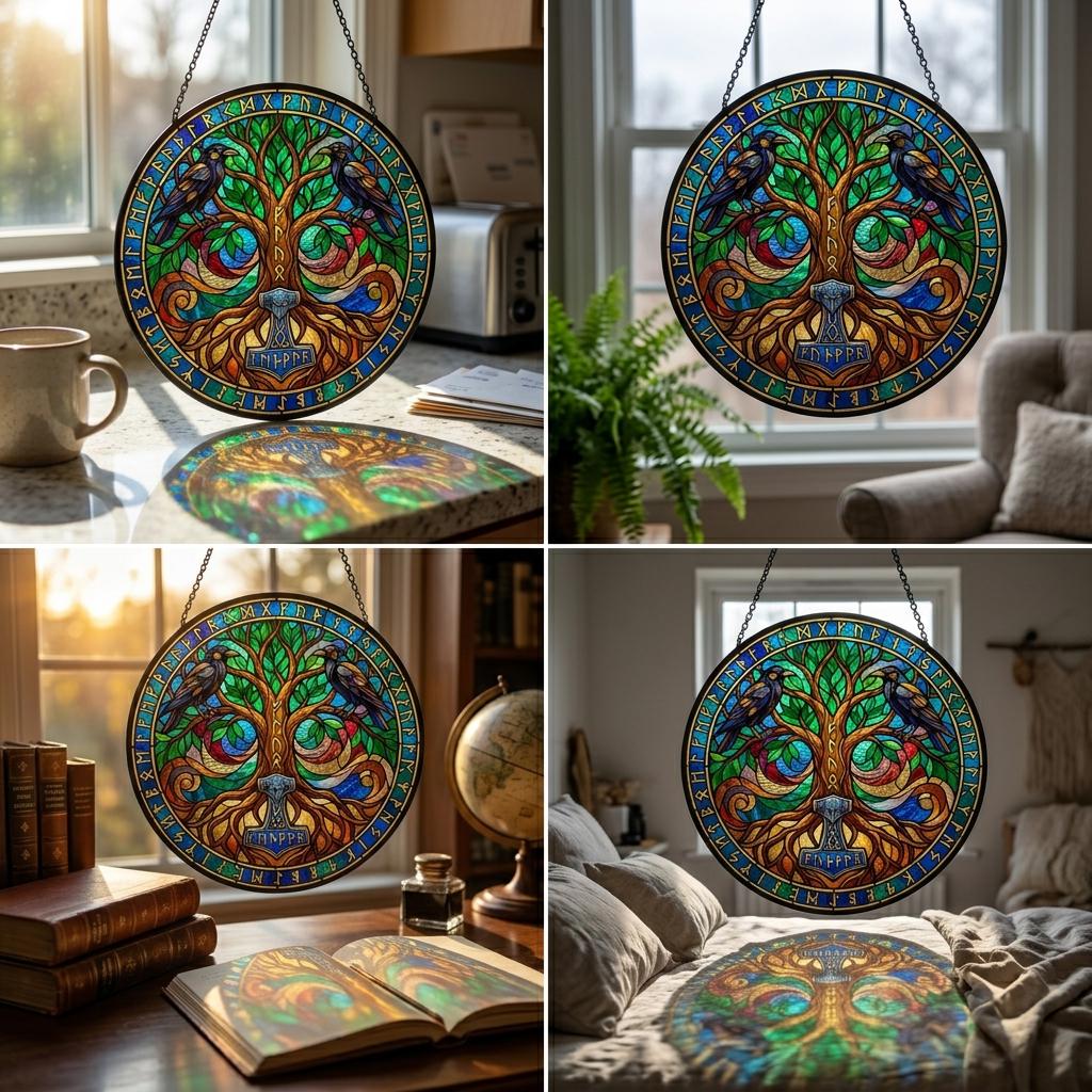 Viking Yggdrasil Tree of Life Home Decor - Yggdrasil Tree of Life Stained Glass Suncatcher, Viking