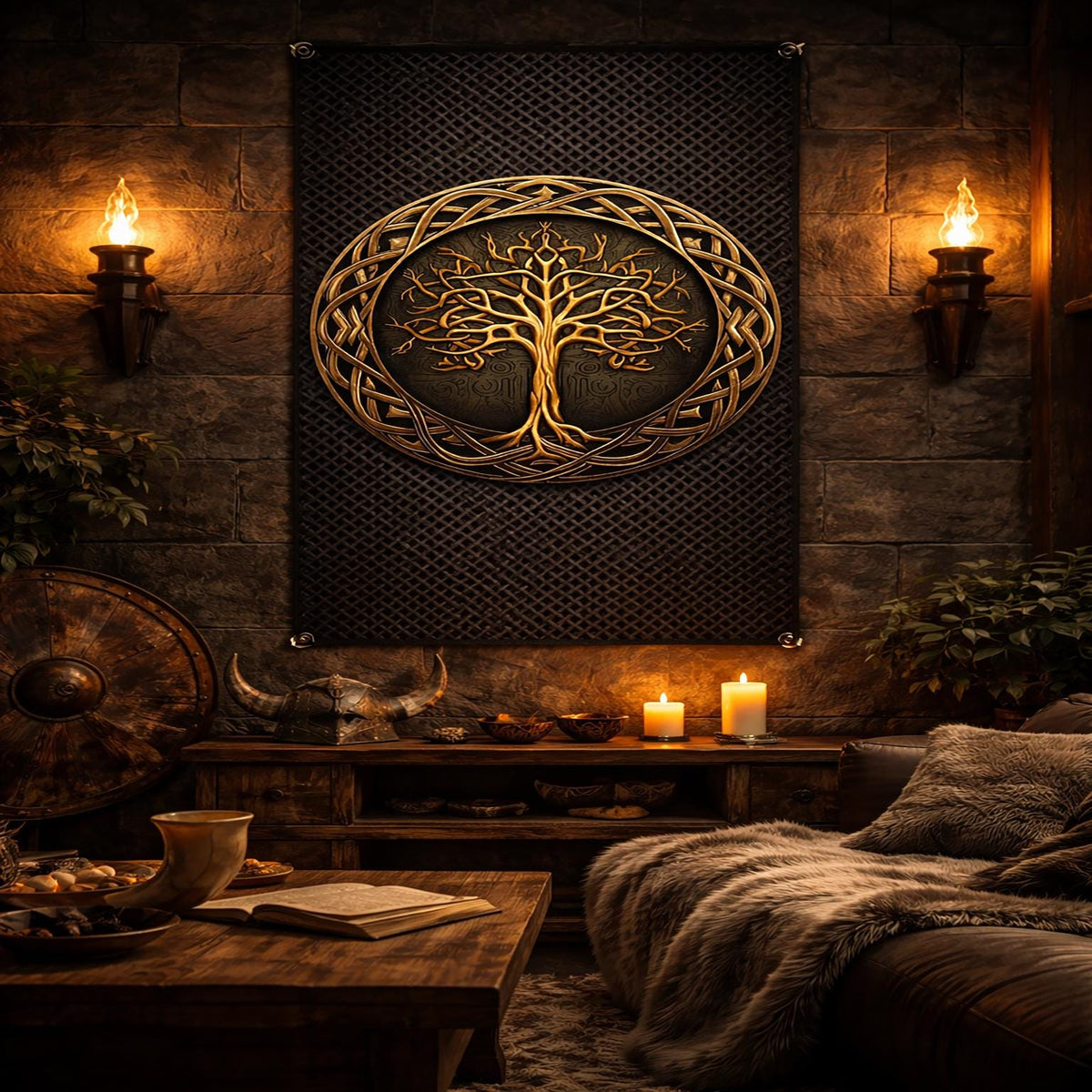 Viking Odin Rug - Viking Round Rug, Norse Mythology Area Rug, Runic Circle Floor Mat, Horn of Odin