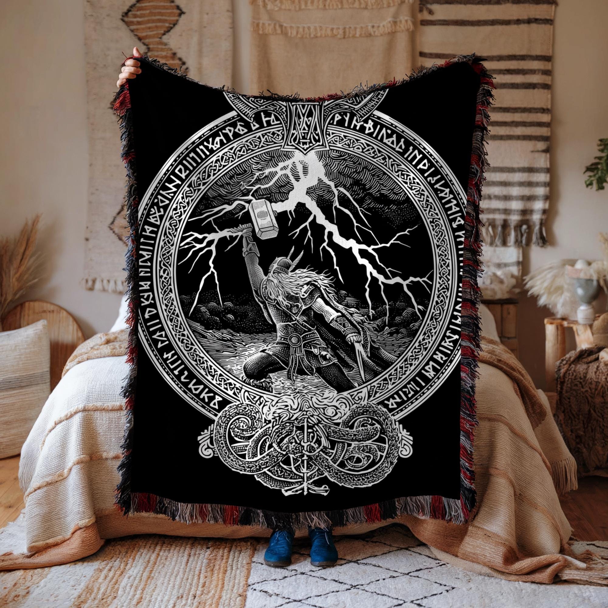 Viking Wolf Blanket - Fenrir Nordic Design Woven Blanket, Viking wall Art, Mountains, Pine Trees